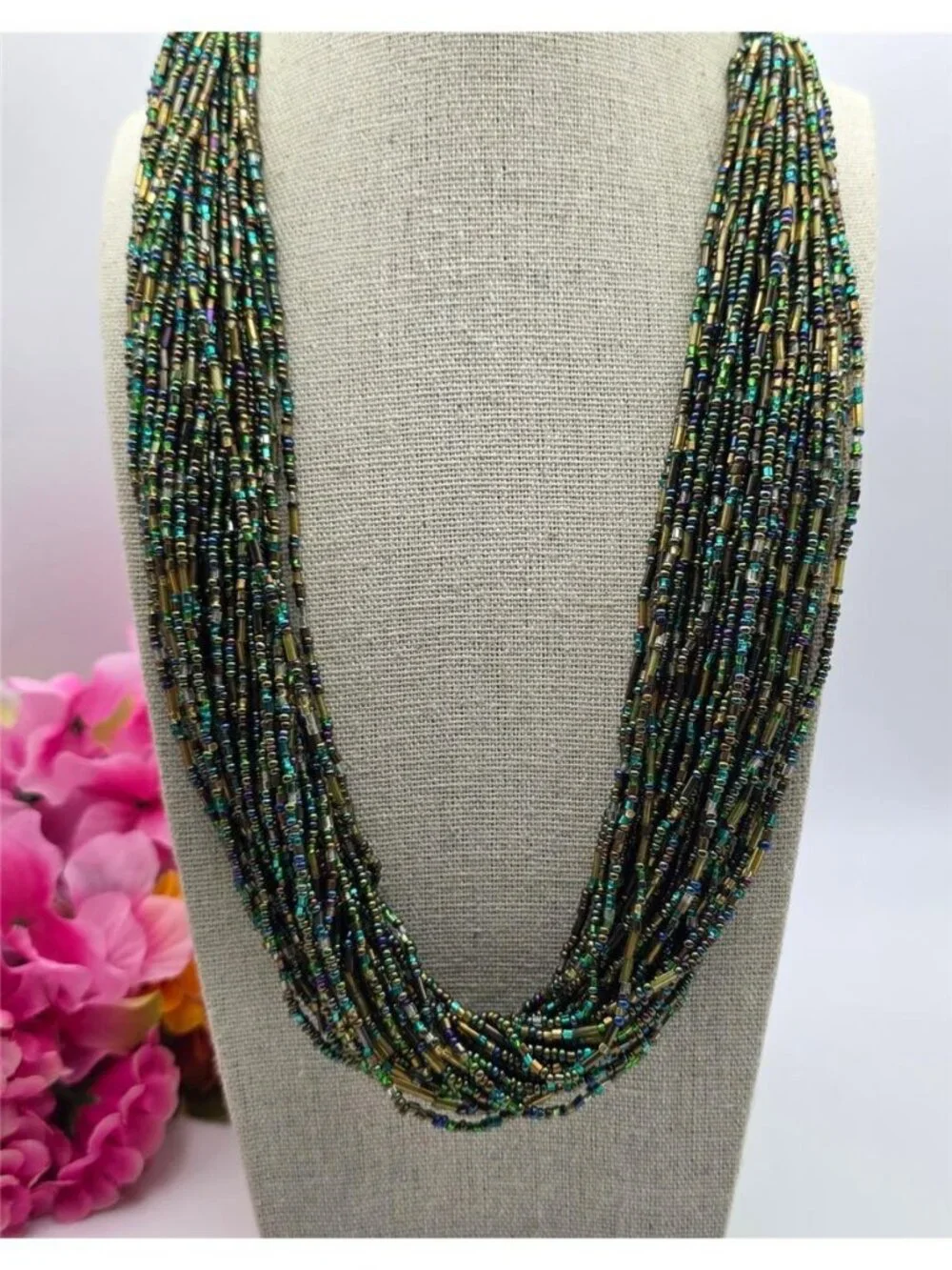 Artisan 36 Strand Peacock Green Seed Bead Torsade Necklace 24 In Toggle Clasp